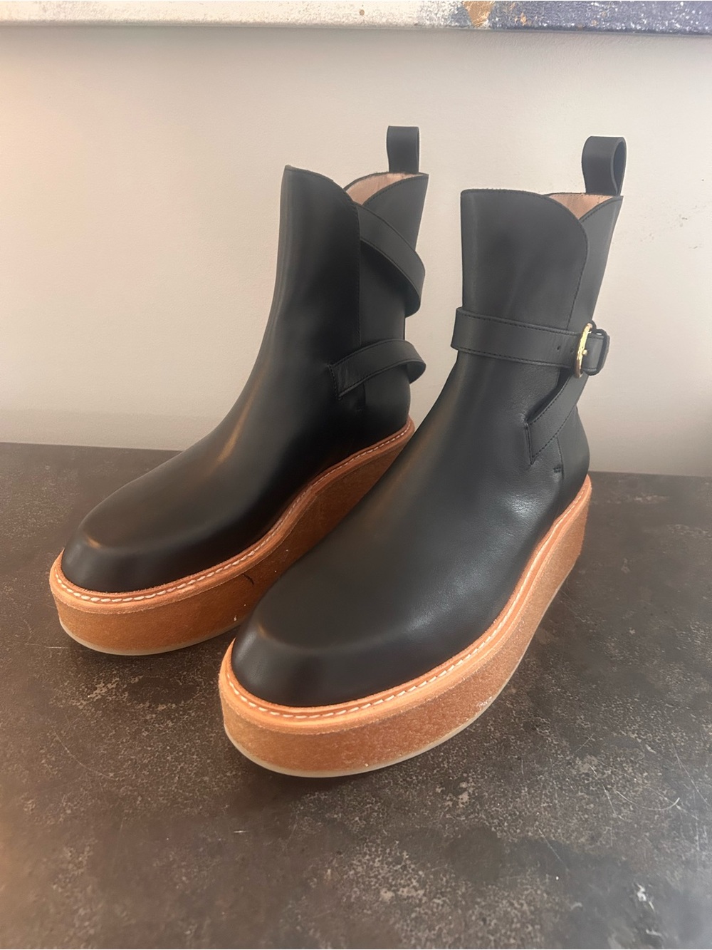 Ulla Johnson Black Leather Platform Ankle Boots with Tan Crepe Sole